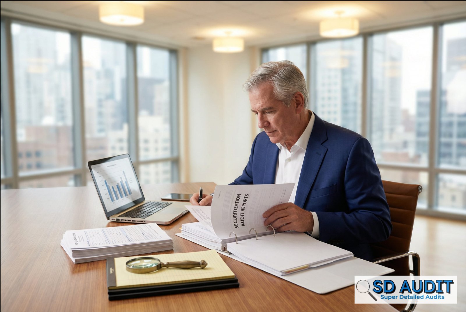 Securitization audit review - professional financial expert reviewing securitization audit reports at desk