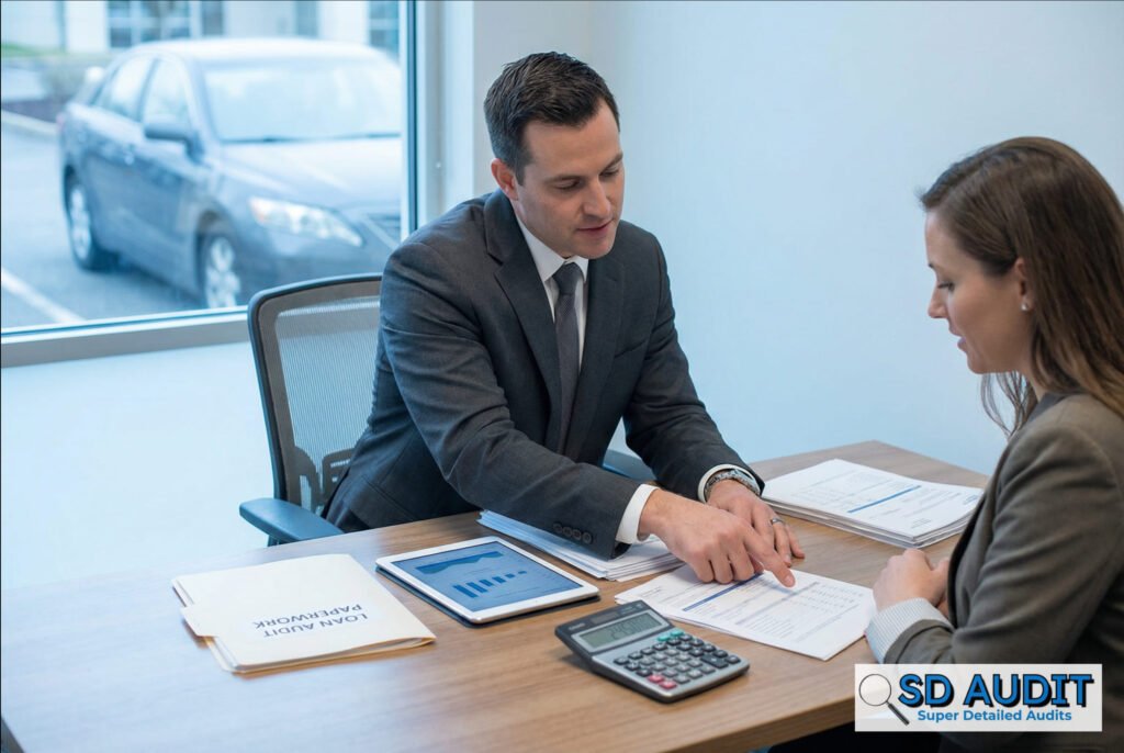 Auto loan audit cost 2026 - financial advisor reviewing auto loan documents with client
