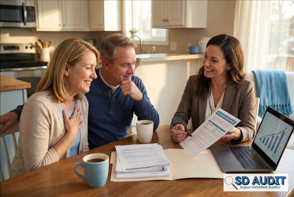 How to get a free mortgage audit 2026 - homeowner couple reviewing mortgage documents with financial advisor