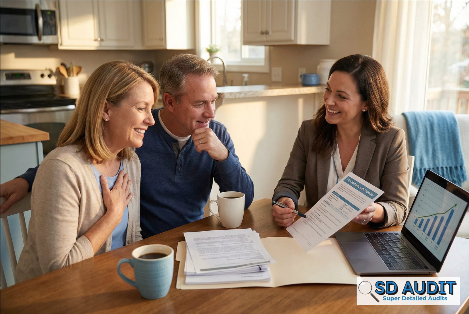 How to get a free mortgage audit 2026 - homeowner couple reviewing mortgage documents with financial advisor