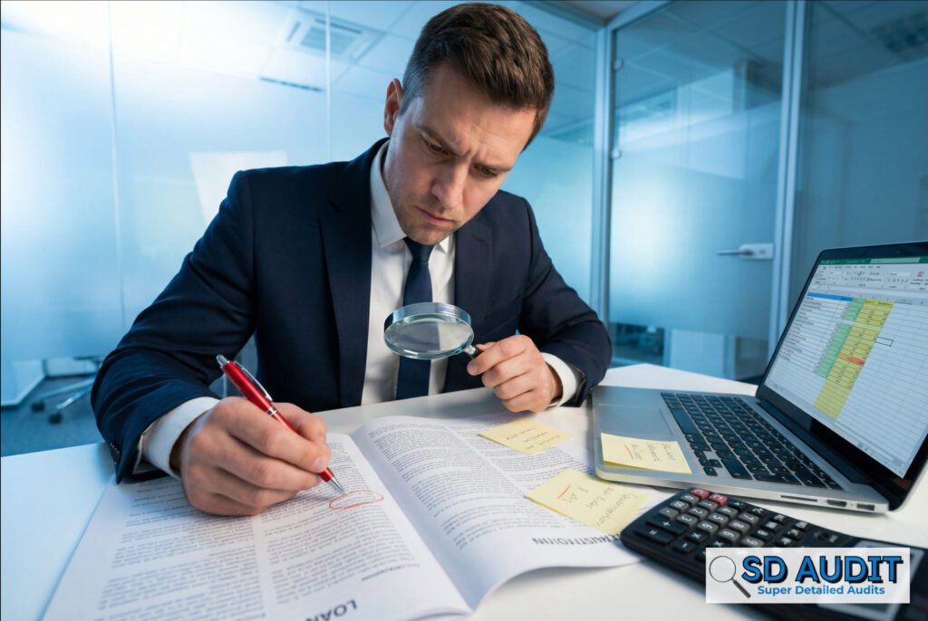 Errors in loan documents - professional auditor using magnifying glass to find loan document errors