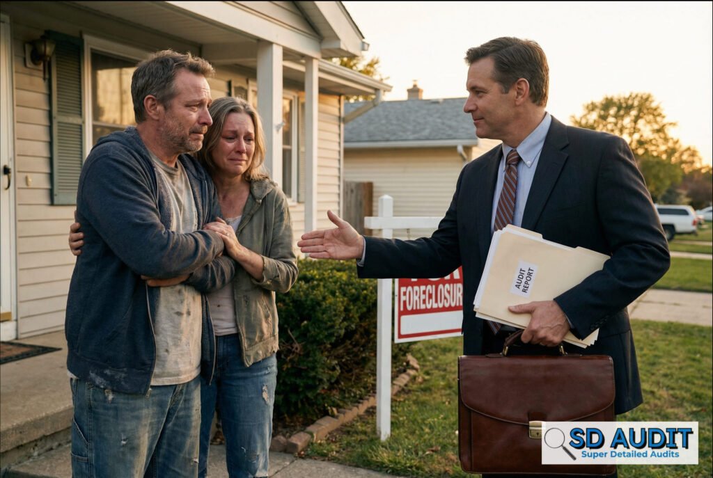 Stop foreclosure with loan audit - professional auditor arriving to help homeowners facing foreclosure