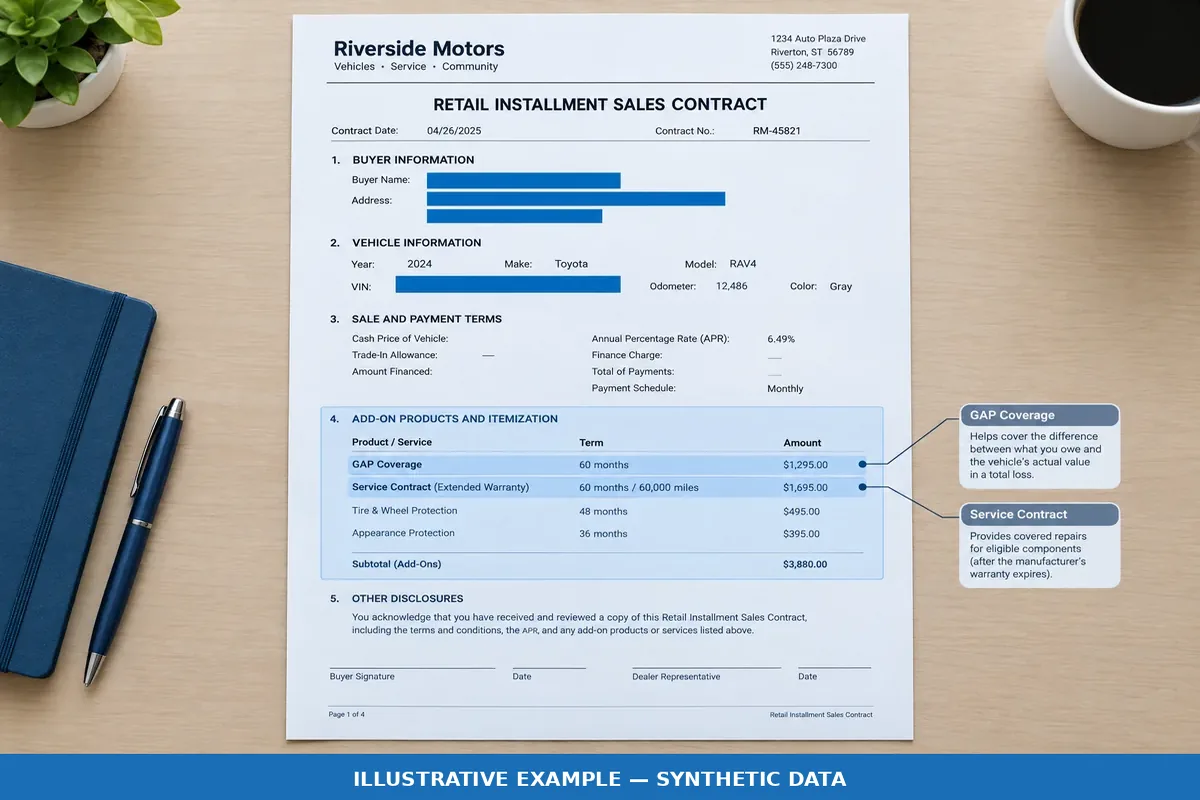 Sample auto loan contract with the add-on products section highlighted for audit review