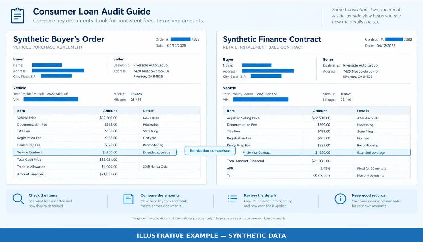 Sample buyers order and finance contract compared side by side showing a fee discrepancy