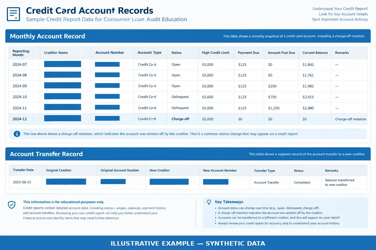 Sample credit card account records showing charge-off notation and account transfer