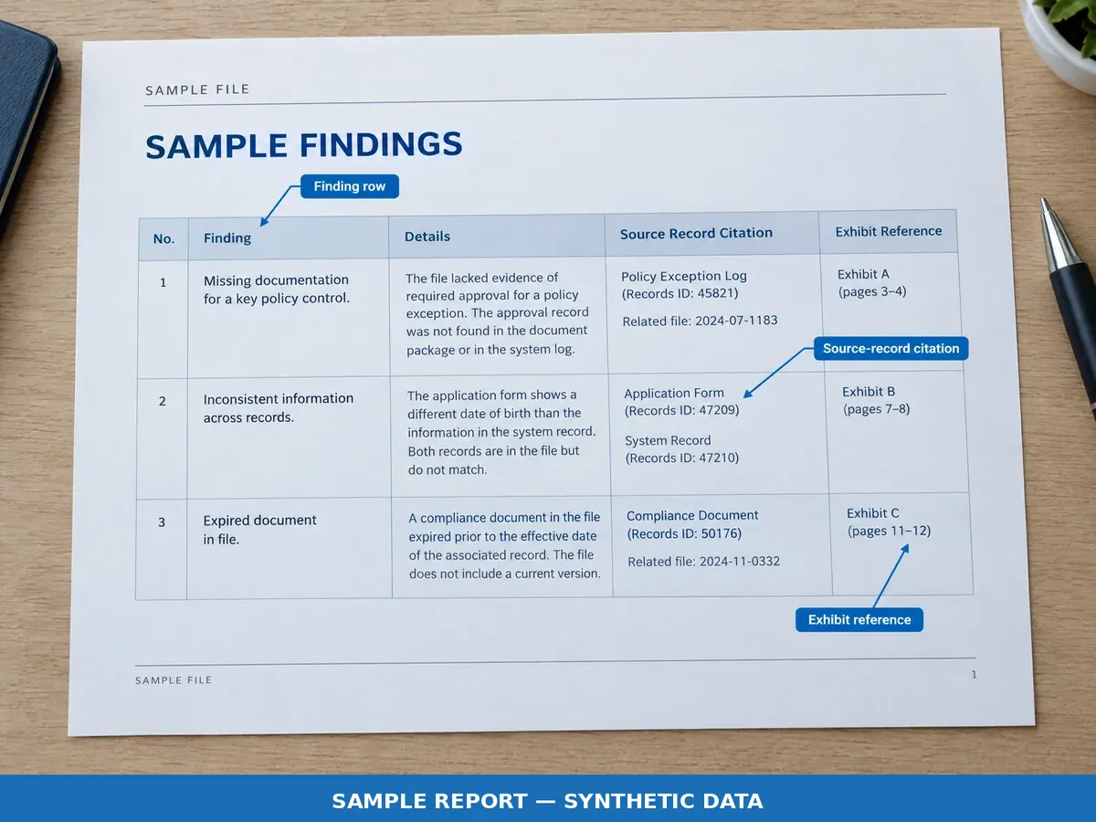 Sample forensic mortgage audit findings page showing sourced exhibit citations