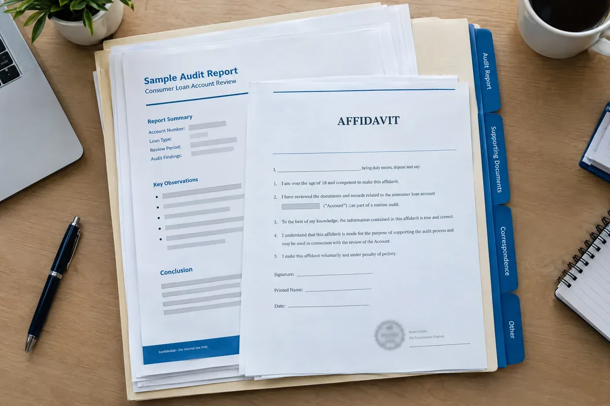 Tabbed exhibit packet with supporting documents and affidavit from a legal-grade loan audit