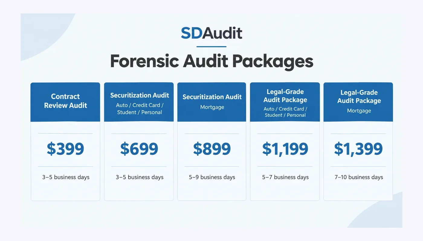 Comparison of five SDAudit loan audit packages by price and scope of review