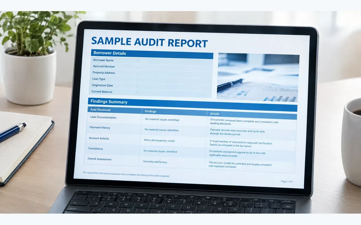 Completed loan audit report open on screen showing the findings summary section