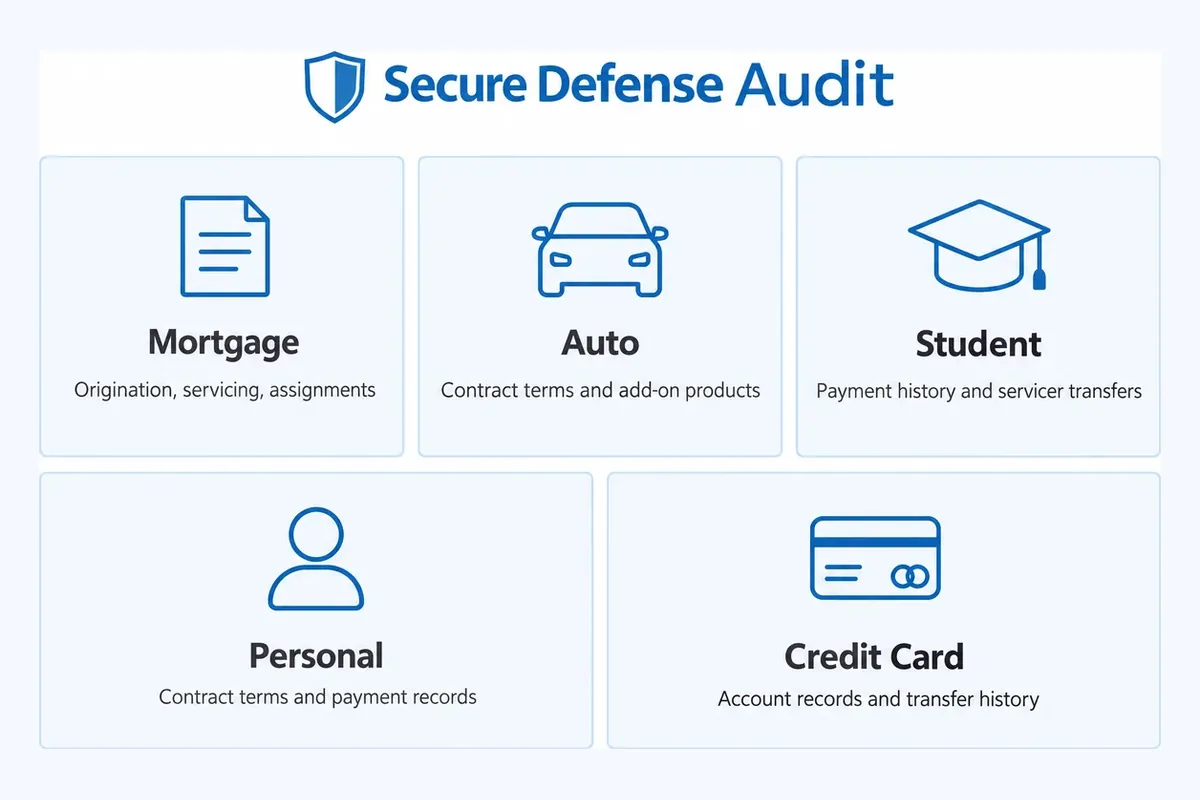 Grid showing mortgage, auto, student, personal and credit card loan types audited by SDAudit