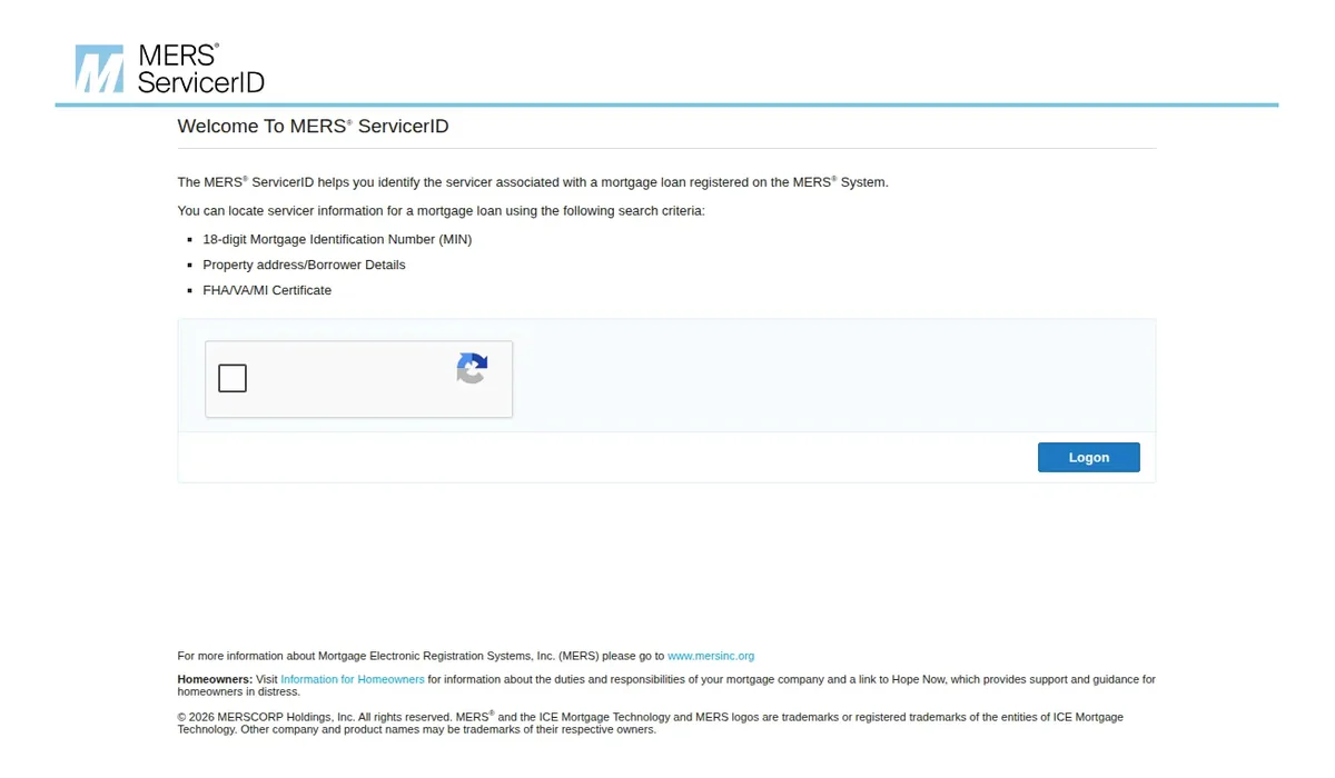MERS Servicer ID public lookup tool used to verify mortgage servicer and investor of record