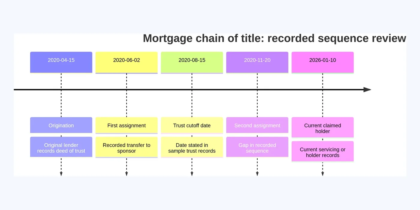 Timeline diagram of a mortgage chain of title showing recorded assignments and a sequence gap