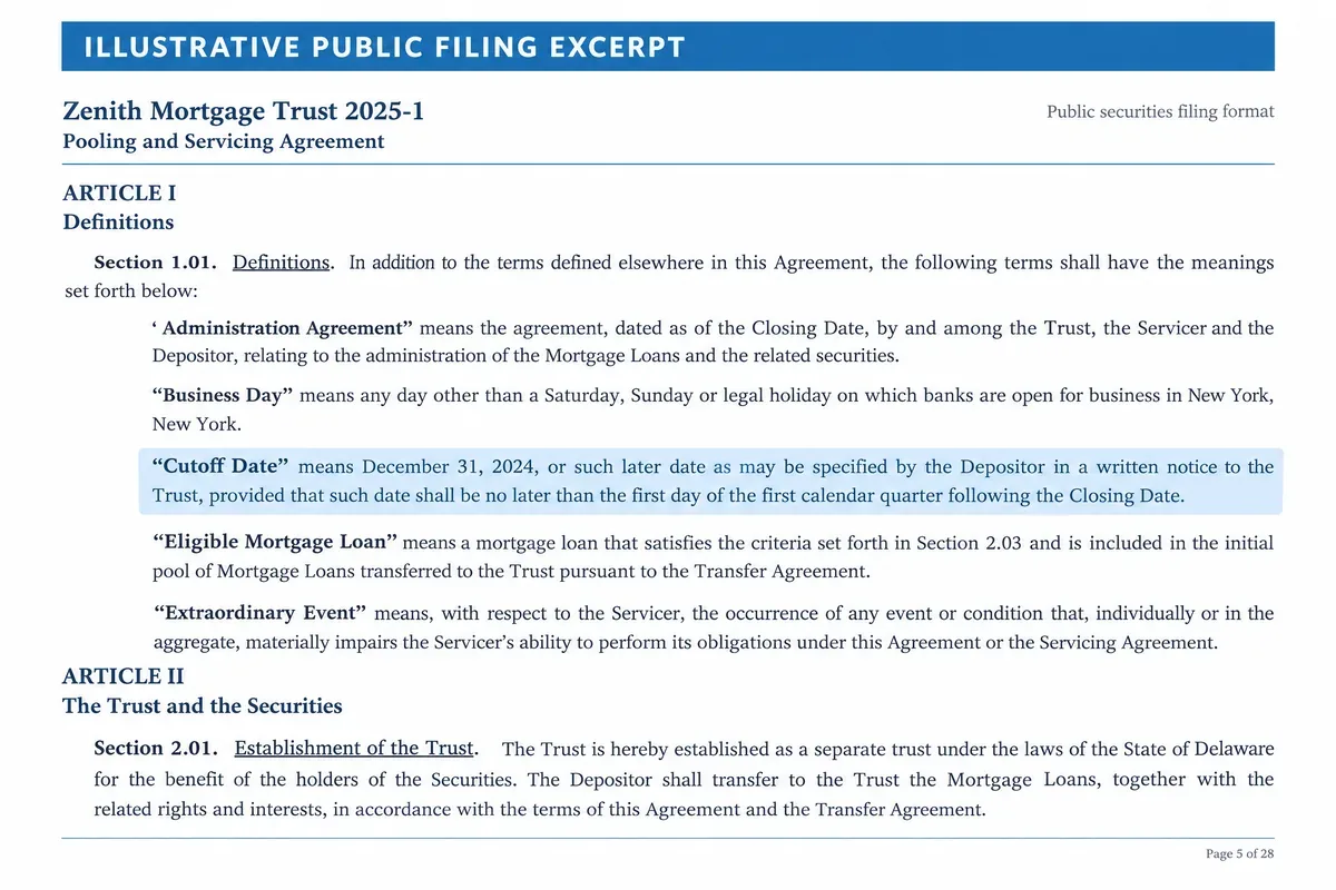 Illustrative pooling and servicing agreement excerpt with the trust cutoff date highlighted