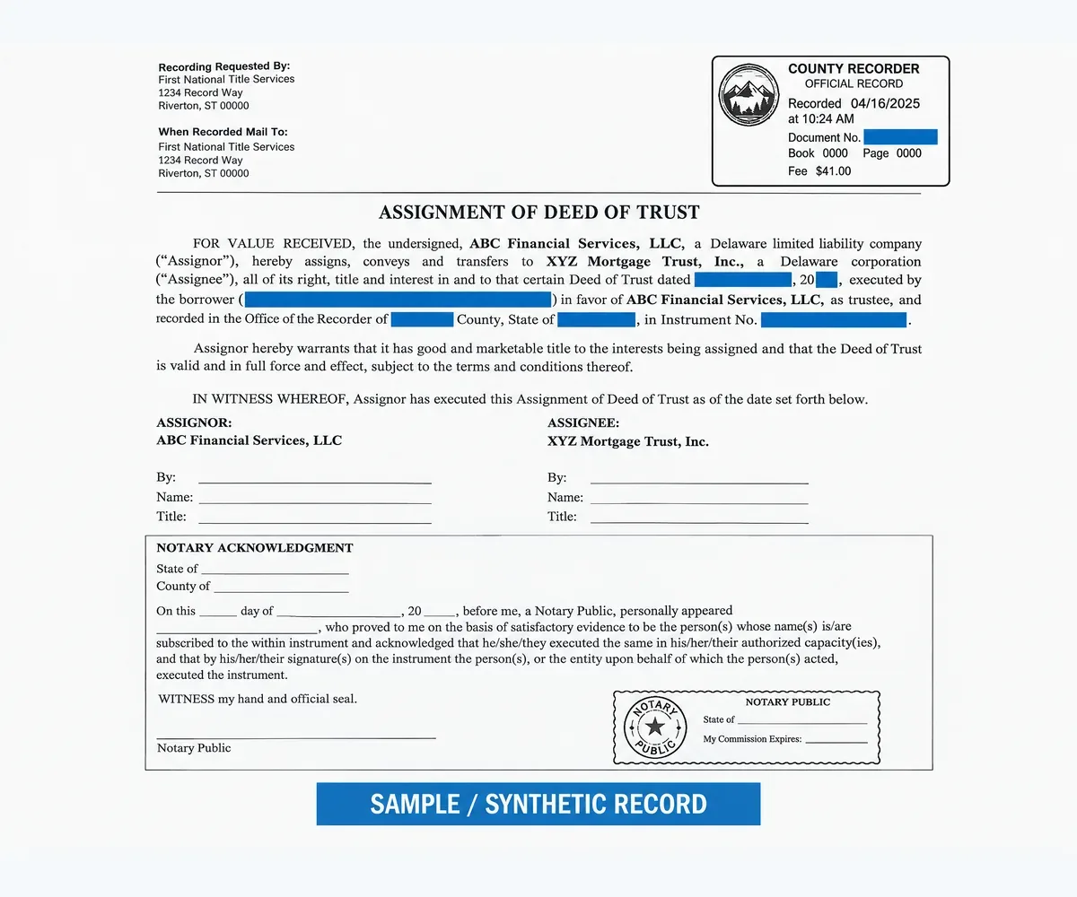 Sample assignment of deed of trust showing county recording stamp and transfer date