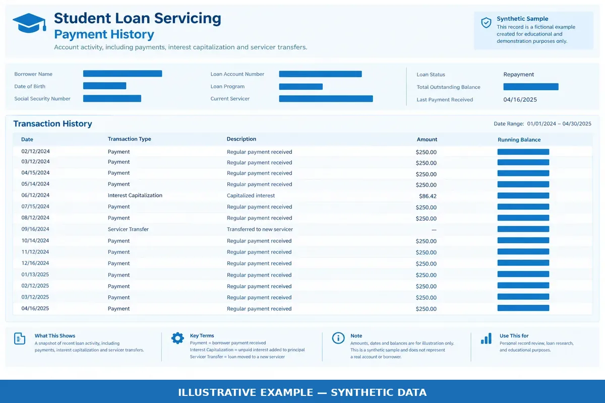 Sample student loan payment history showing servicer transfers and interest capitalization