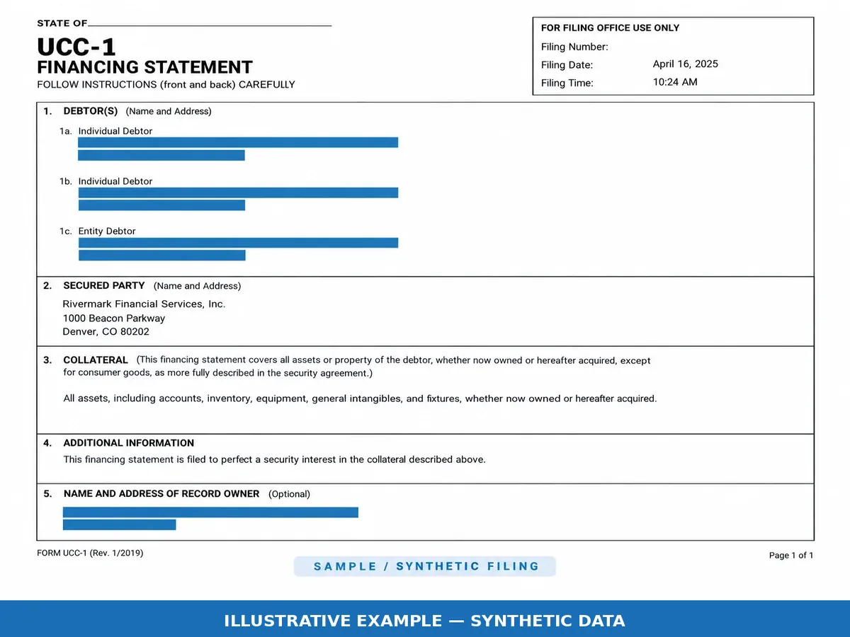 Sample UCC-1 financing statement showing secured party and filing date for loan audit review